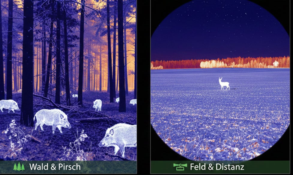 Visueller Vergleich: Sehfeld (Wald) vs. Reichweite (Feld)